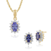 Classico pendente in oro giallo 375 con tanzanite e diamanti e orecchini a grappolo in stile classico