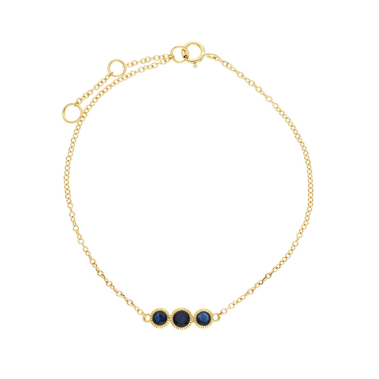 Bracciale con zaffiro, bracciale in oro giallo da 9 ct con tripla pietra tonda Milgrain da 19 cm