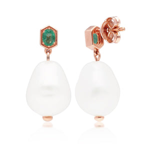 Modern Baroque Pearl & Emerald Drop Earrings in Rose Gold Plated Sterling Silver