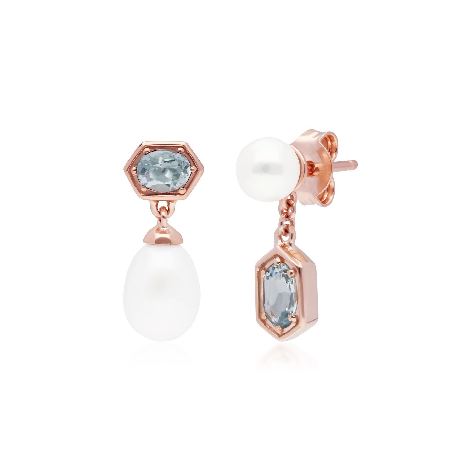 Modern Pearl & Aquamarine Mismatched Drop Earrings in Rose Gold Plated Sterling Silver