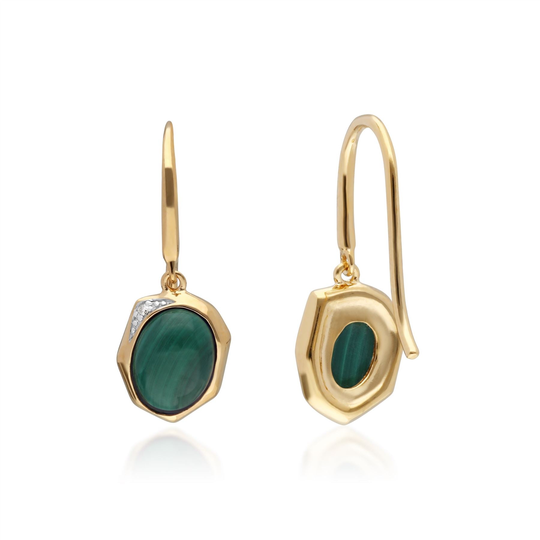 Irregular B Gem Malachite & Diamond Drop Earrings in Gold Plated Sterling Silver Back