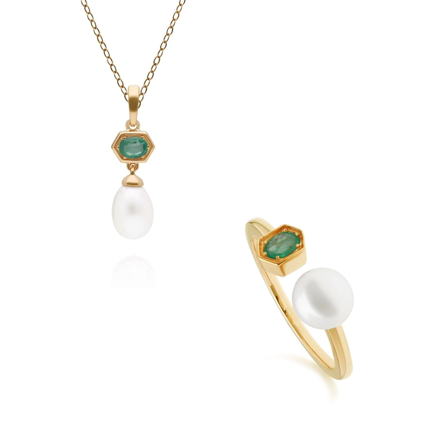 Modern Pearl & Emerald Pendant & Ring Set in Gold Plated Sterling Silver