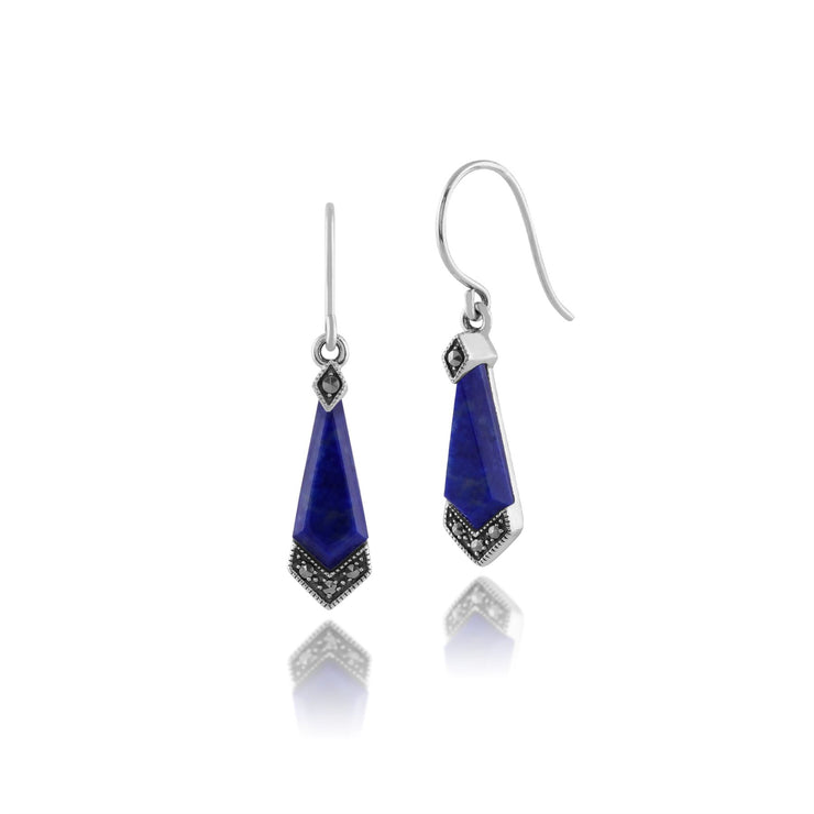 Orecchini pendenti in stile Art Déco Argento 925 con lapislazzuli cabochon, diamanti e marcasite