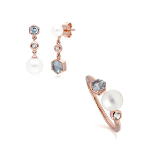Modern Pearl, Aquamarine & Topaz Earring & Ring Set in Rose Gold Plated Sterling Silver