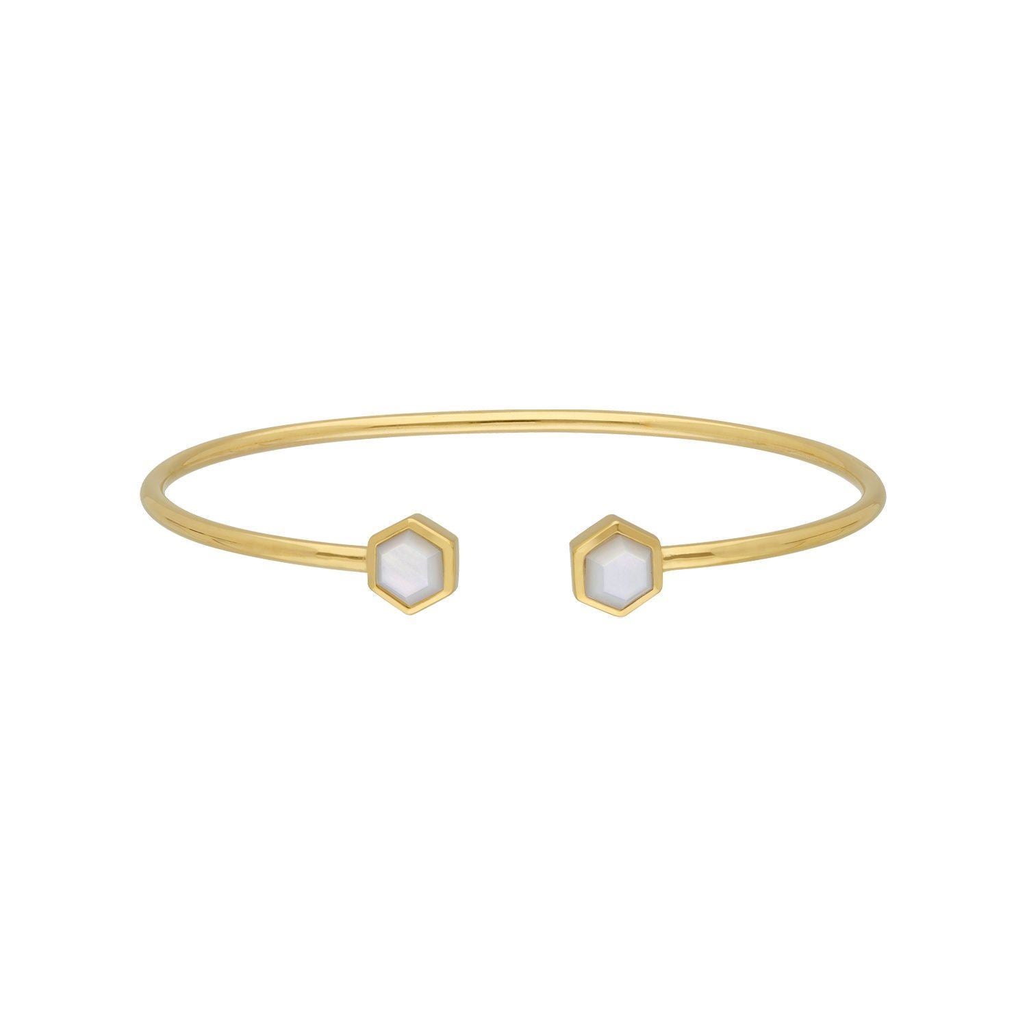 Geometric Hexagon Mother of Pearl Bangle in Gold Plated Sterling Silver