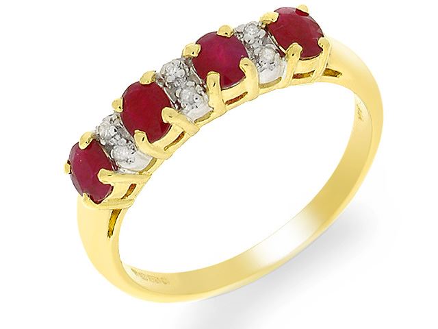 Anello classico mezza eternità in oro giallo 375, rubino e diamante