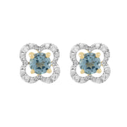 Orecchini a bottone classici con topazio blu in oro giallo 375 e rivestimento per orecchie con fiori di diamanti