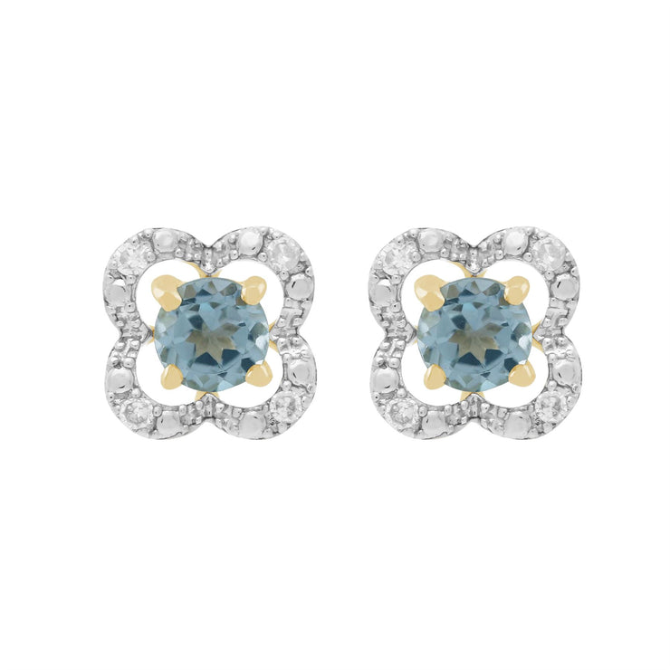 Orecchini a bottone classici con topazio blu in oro giallo 375 e rivestimento per orecchie con fiori di diamanti