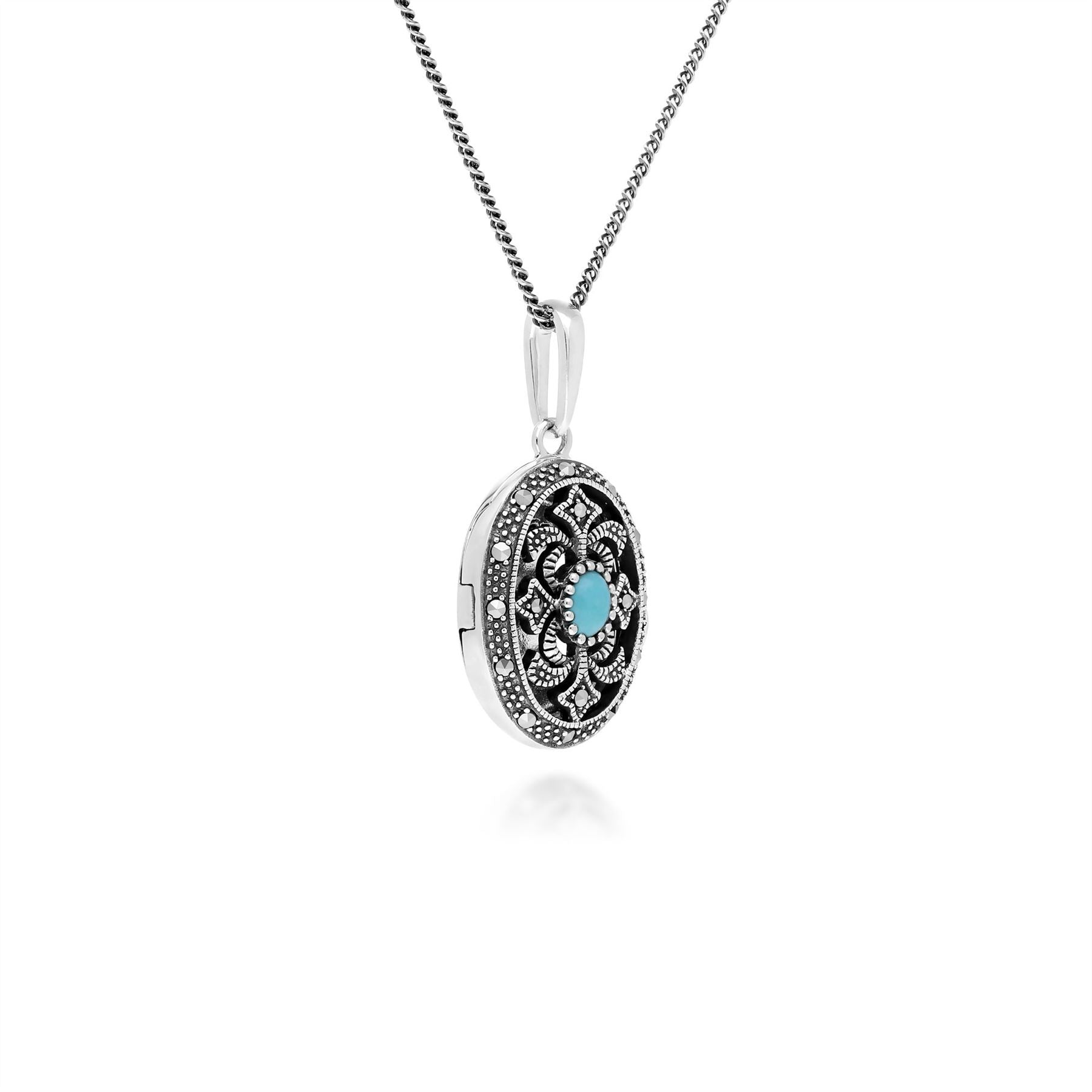Art Nouveau Style Oval Turquoise & Marcasite Locket Necklace in 925 Sterling Silver