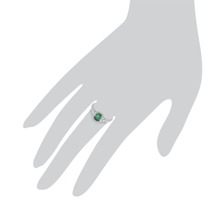 Anello semplice in oro bianco da 9 ct con smeraldo naturale da 0,53 ct e pietra di diamante