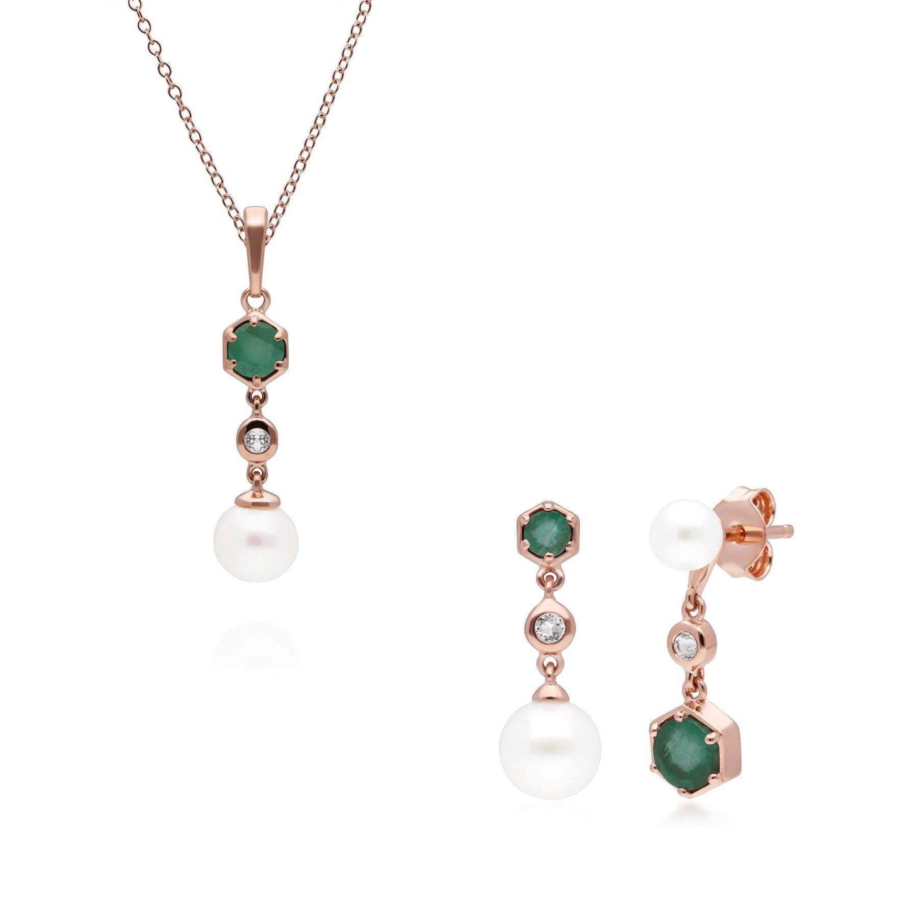 Modern Pearl, Emerald & Topaz Pendant & Earring Set in Rose Gold Plated Sterling Silver