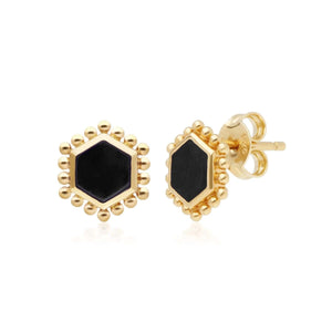 Black Onyx Flat Slice Hex Stud Earrings in Gold Plated Sterling Silver