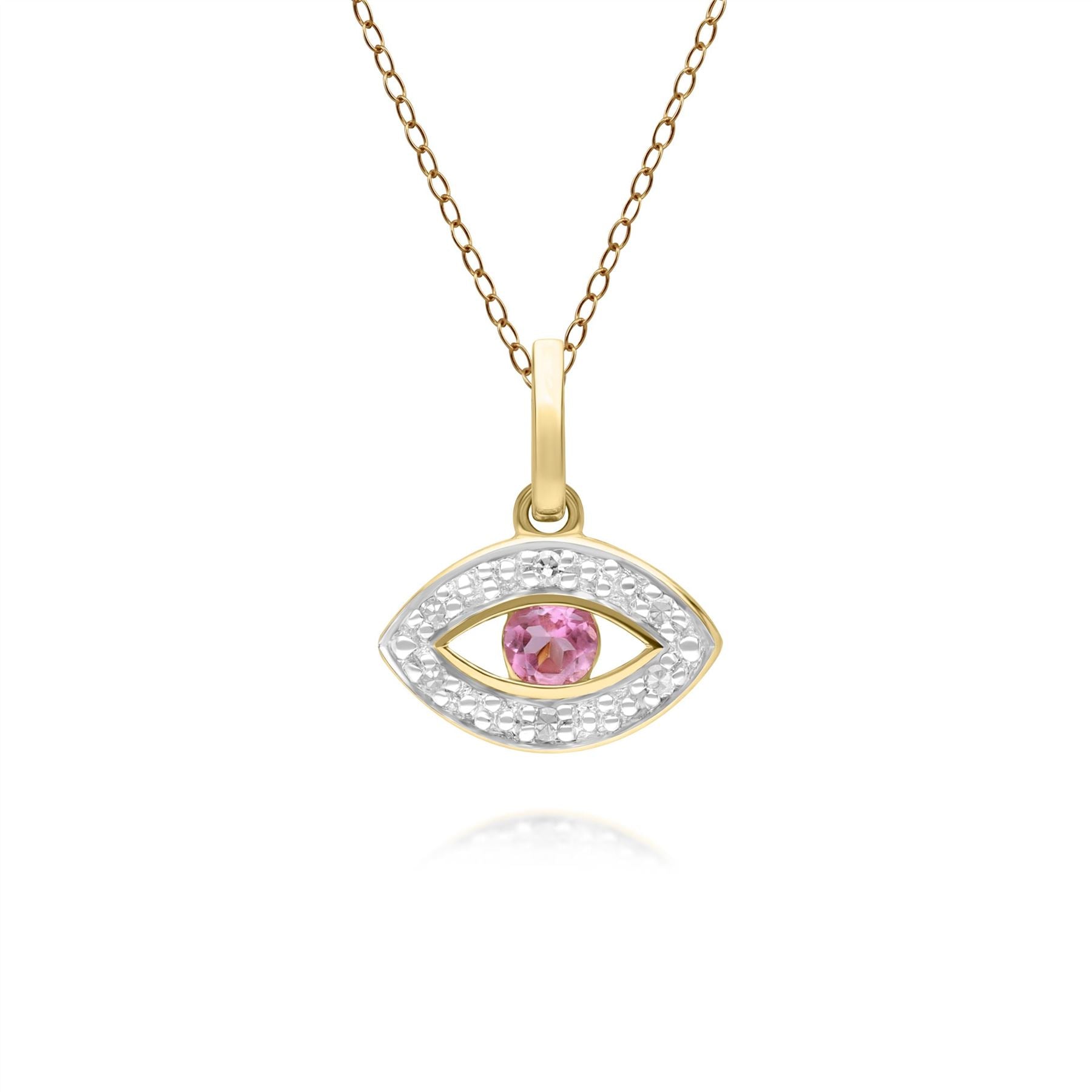 ECFEW™ Delicato Pendente Evil Eye con tormalina rosa e diamanti in oro giallo da 9 ct