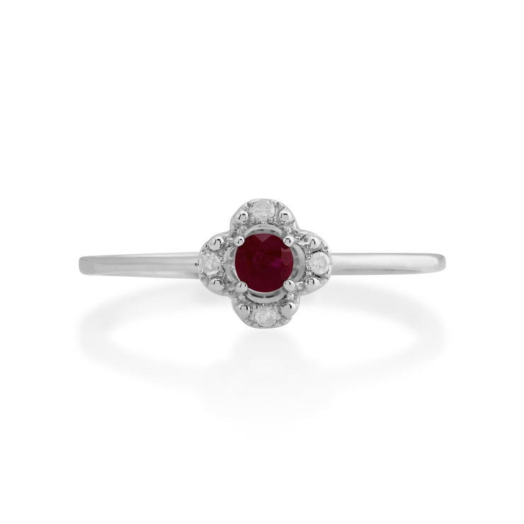 Anello con rubino Gemondo, anello a fiore con rubino e diamanti in oro bianco da 9 ct da 0,15 ct