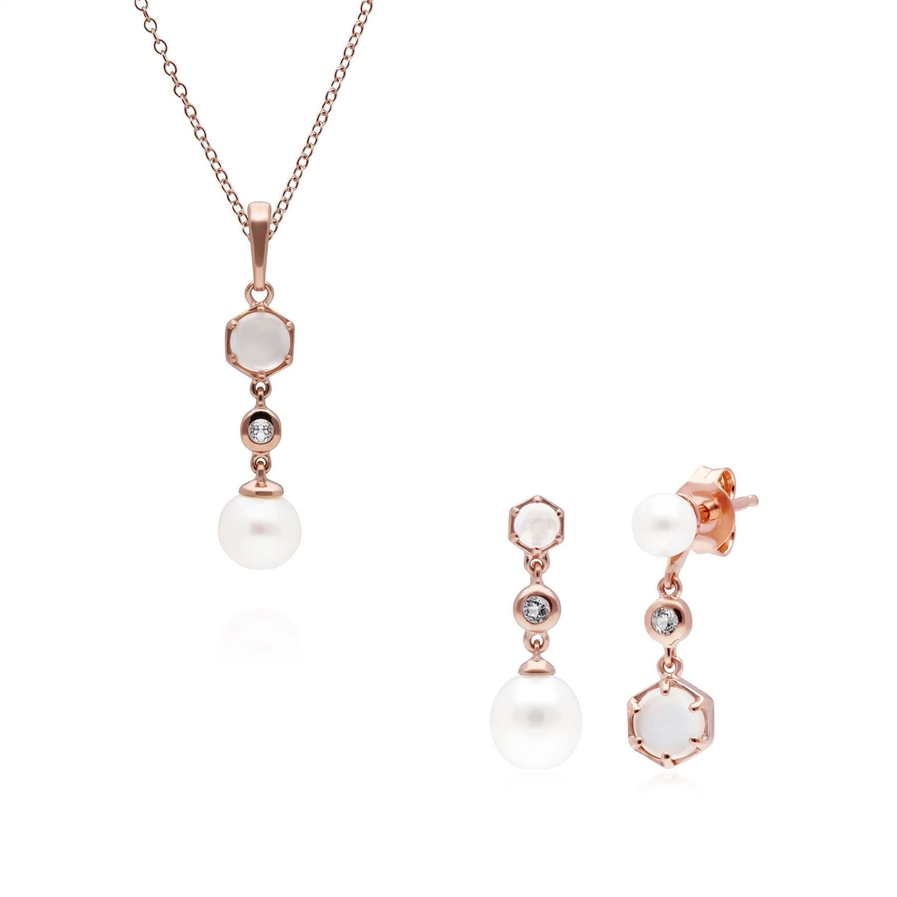 Modern Pearl, Moonstone & Topaz Pendant & Drop Earring Set in Rose Gold Plated Sterling Silver