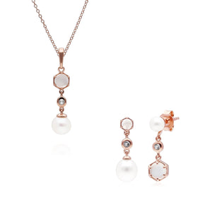 Modern Pearl, Moonstone & Topaz Pendant & Drop Earring Set in Rose Gold Plated Sterling Silver