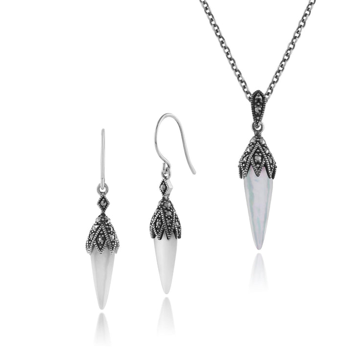 Collana e orecchini con pendente in stile Art Déco Argento 925 Cabochon in madreperla e marcasite
