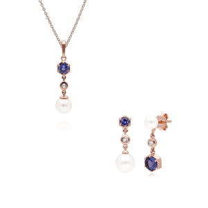 Modern Pearl, Tanzanite & Topaz Pendant & Earring Set in Rose Gold Plated Sterling Silver