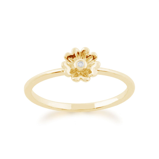 Set di tre anelli floreali impilabili in oro giallo 375 con peridoto e diamanti, farfalla e fiori