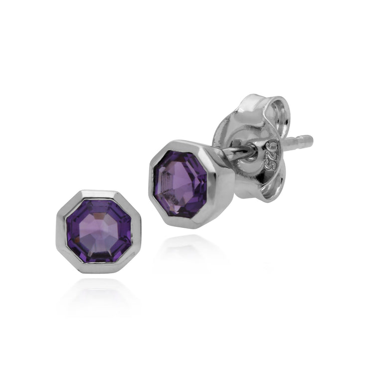 Ciondolo e orecchini geometrici in argento 925 con ametista ottagonale