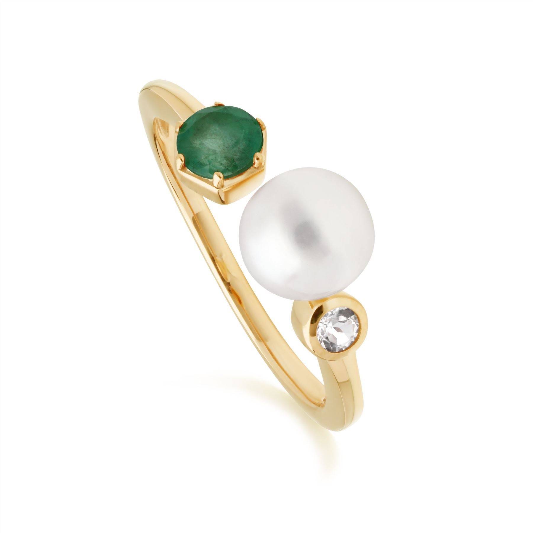 Modern Pearl, Emerald & Topaz Open Ring in Gold Plated Sterling Silver