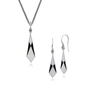 Orecchini Pendenti e Pendenti Ventaglio Art Déco in Argento 925 Smaltato Bianco e Nero