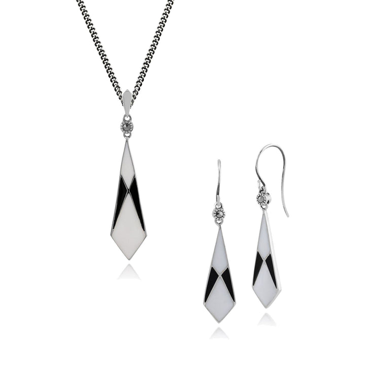 Orecchini Pendenti e Pendenti Ventaglio Art Déco in Argento 925 Smaltato Bianco e Nero