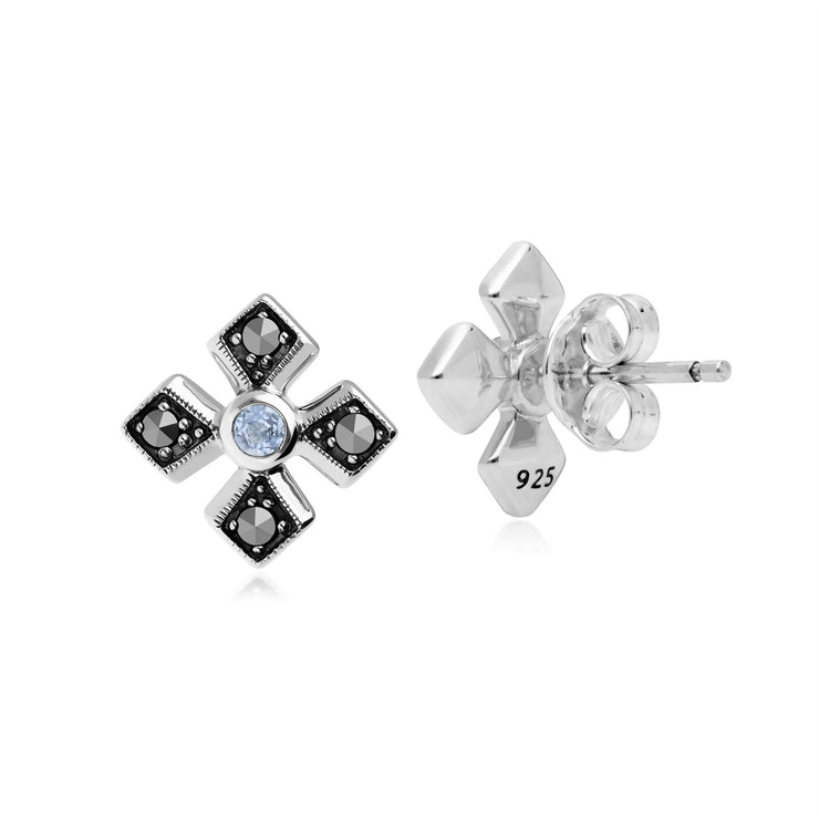 Orecchini a bottone con croce gotica in stile Art Déco in argento 925 con acquamarina e marcasite