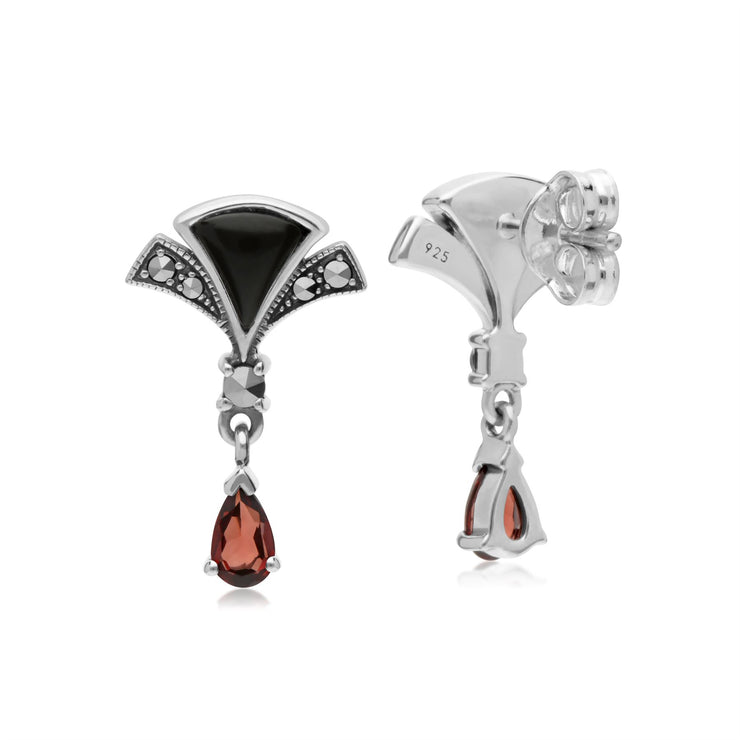 Orecchini granato a ventaglio in argento sterling, onice nero e marcasite