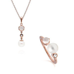 Modern Pearl, Moonstone & Topaz Pendant & Ring Set in Rose Gold Plated Sterling Silver