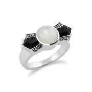 Anello Art Déco Gemondo, anello Art Déco in argento sterling 925 con onice nero, madreperla e marcasite