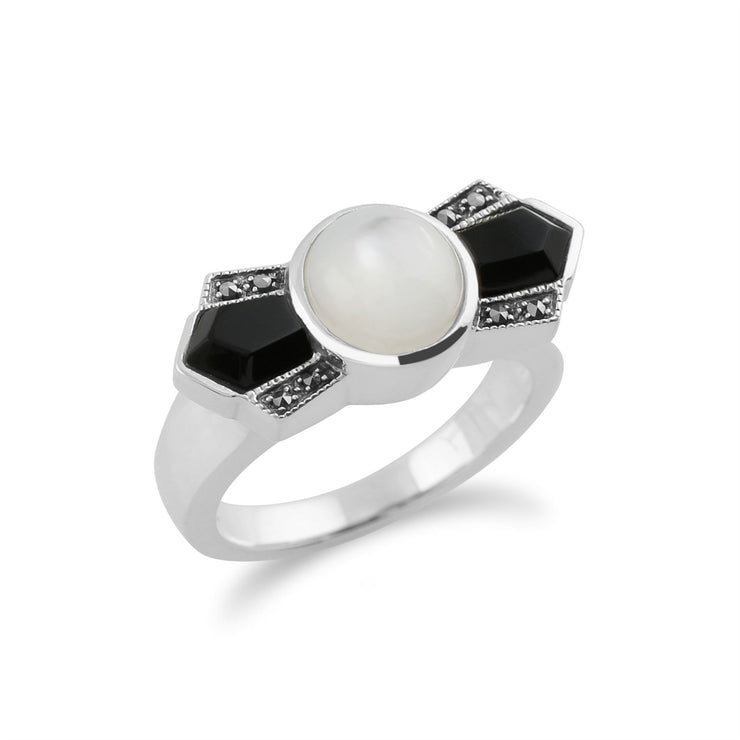Anello Art Déco Gemondo, anello Art Déco in argento sterling 925 con onice nero, madreperla e marcasite