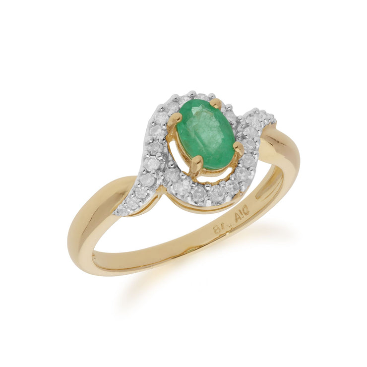 Classico anello ovale con smeraldo e diamanti in oro giallo da 9 ct