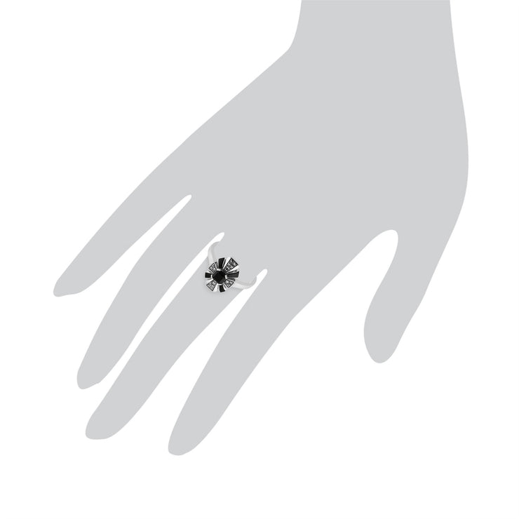 Anello Art Déco Gemondo, anello Art Déco in argento sterling 925 con onice nero e marcasite