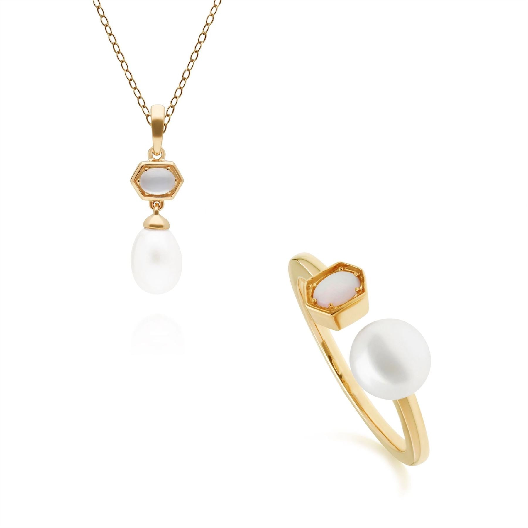 Modern Pearl & Moonstone Pendant & Ring Set in Gold Plated Sterling Silver