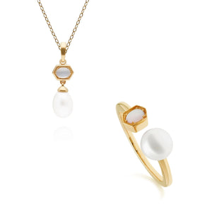 Modern Pearl & Moonstone Pendant & Ring Set in Gold Plated Sterling Silver