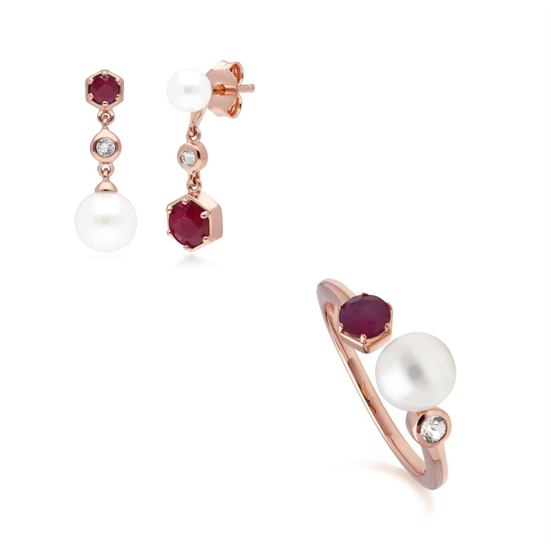 Modern Pearl, Ruby & Topaz Earring & Ring Set in Rose Gold Plated Sterling Silver