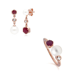 Modern Pearl, Ruby & Topaz Earring & Ring Set in Rose Gold Plated Sterling Silver