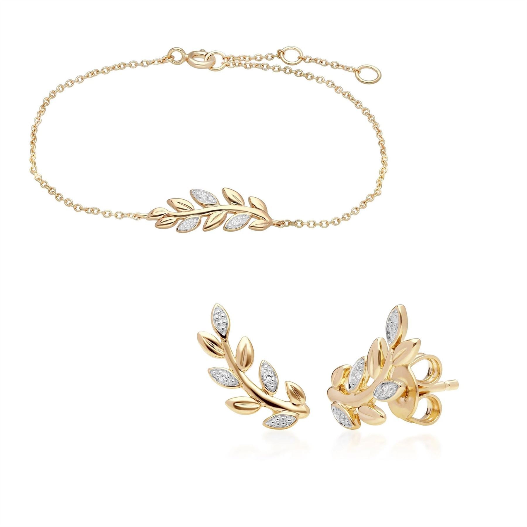 O Leaf Diamond Bracelet & Stud Earrings Set in 9ct Yellow Gold