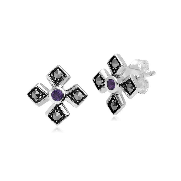 Orecchini a bottone con croce gotica in stile Art Déco in argento 925 con ametista e marcasite