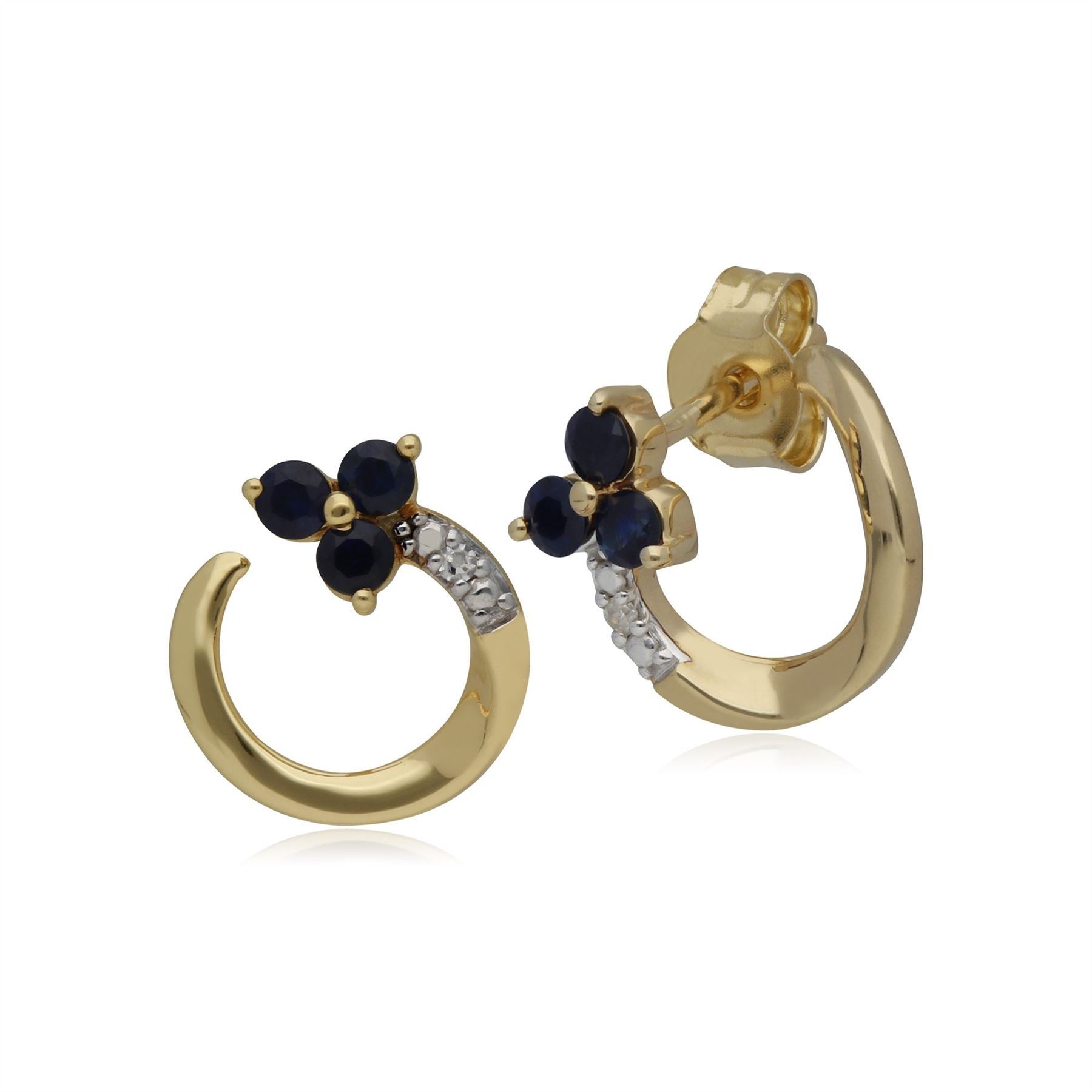Classic Floral Sapphire & Diamond Swirl Stud Earrings in 9ct Yellow Gold