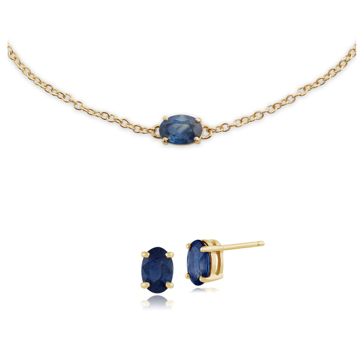 Bracciale e orecchini classici a bottone in oro giallo 375 con zaffiro azzurro ovale