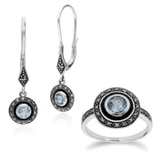 Anello e Orecchini Pendenti Stile Art Deco Argento 925 Rotondo con Topazio Azzurro, Marcasite e Smalto Nero