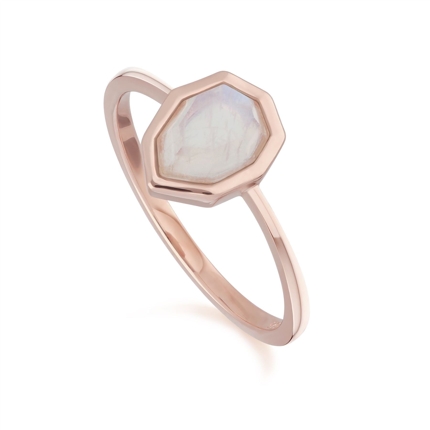 Irregular B Gem Rainbow Moonstone Ring in Rose Gold Sterling Silver