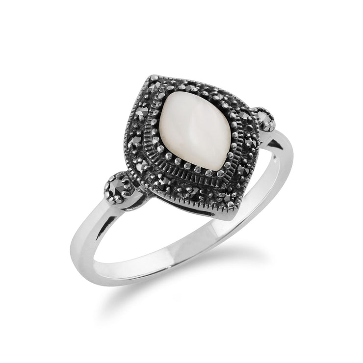 Anello Art Déco Gemondo, argento sterling 925 da 1,00 ct, madreperla e anello art deco con marcasite