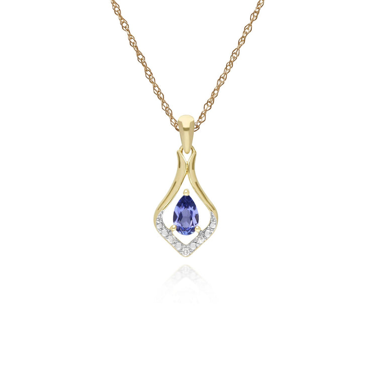 Collana con tanzanite, ciondolo a foglia classico con tanzanite rotonda in oro giallo da 9 ct e diamanti su catena da 45 cm