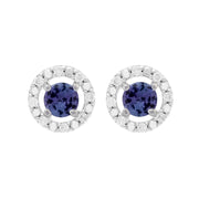 Orecchini a bottone classici con tanzanite in oro bianco 375 e rivestimento per l'orecchio con diamanti rotondi