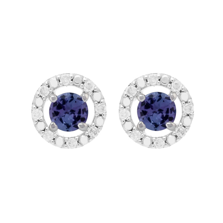 Orecchini a bottone classici con tanzanite in oro bianco 375 e rivestimento per l'orecchio con diamanti rotondi