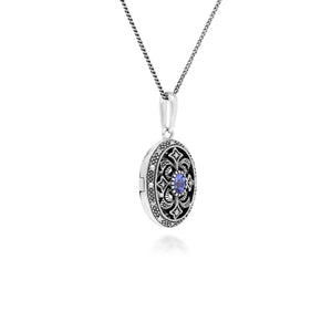 Art Nouveau Style Oval Tanzanite & Marcasite Locket Necklace in 925 Sterling Silver