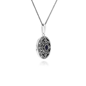 Art Nouveau Style Oval Sapphire & Marcasite Locket Necklace 